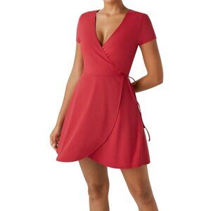 Halara V Neck Wrap Tie Side Mini Dress Red Salsa Casual NWT Sz S
